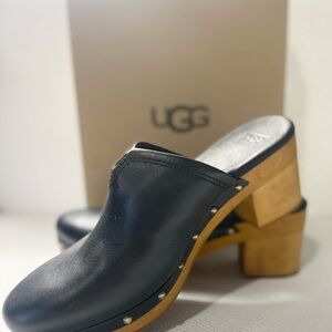 UGG Black Leather Mules with Tan Wooden Heel